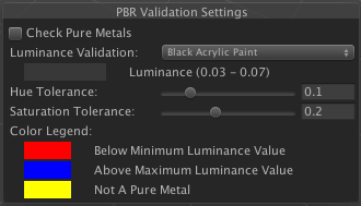 处于 Validate Albedo 模式时在 Scene 视图中显示的 PBR 验证设置 (PBR Validation Settings)